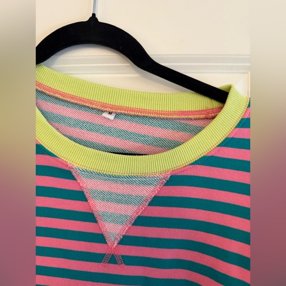 Striped Pink and Blue Sweater with Neon Green Accents - Picture 3 of 3